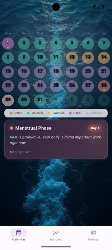 Cara calendar showing menstrual, follicular, ovulation, luteal, and predicted days