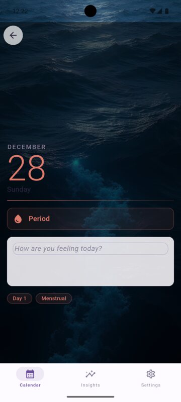 Cara daily health log with period type, notes, and cycle tags