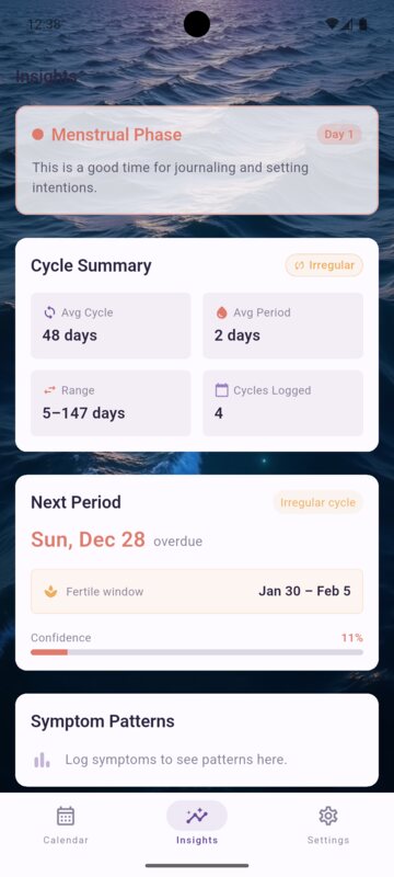Cara insights screen with cycle summary, next period, and symptom patterns