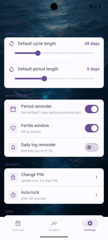 Cara settings screen with reminders, PIN security, and auto-lock