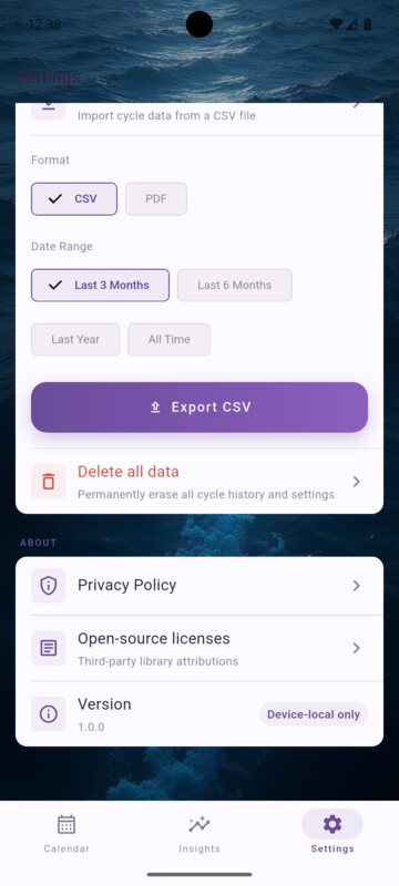 Cara settings screen with CSV export, delete all data, and device-local indicator